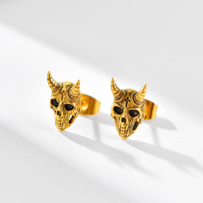 Gothic Skull Goat Stud Earrings for Men