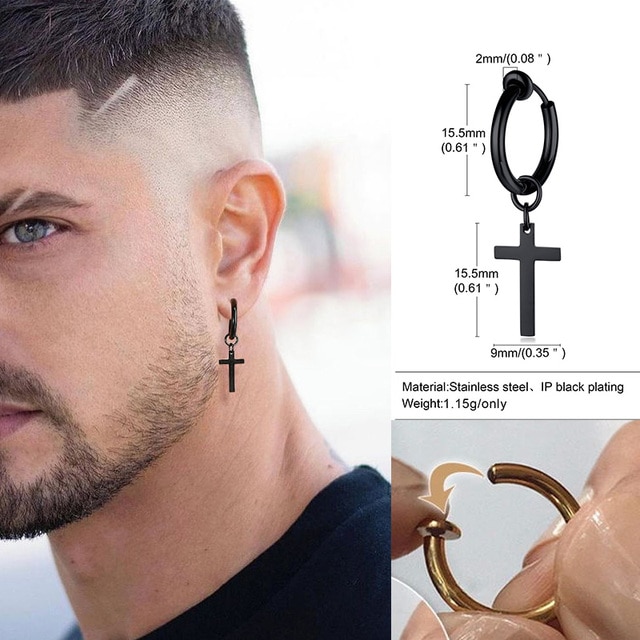 Cross Earrings Mens, Huggie Hoop Earrings,Mens Stainless Steel Conch Hoop Cross  Earring Without Piercing